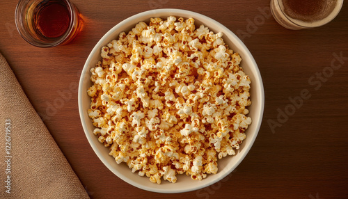 Freshly popped popcorn in large bowl, perfect for movie nights. Enjoy crunchy texture and buttery flavor alongside refreshing drink