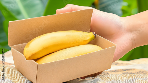 Hand holding open cardboard box with bananas, tropical background photo