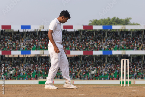 The bowler takes his position and marks out his run-up during the cricket game