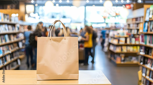 Beige paper shopping bag on counter in bookstore with blurred shoppers