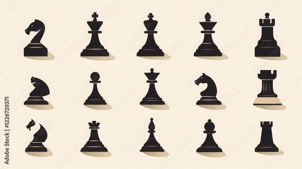Chess icons depicting silhouettes of key pieces, vector game illustration. Chess icons depicting silhouettes of key pieces, vector game illustration.