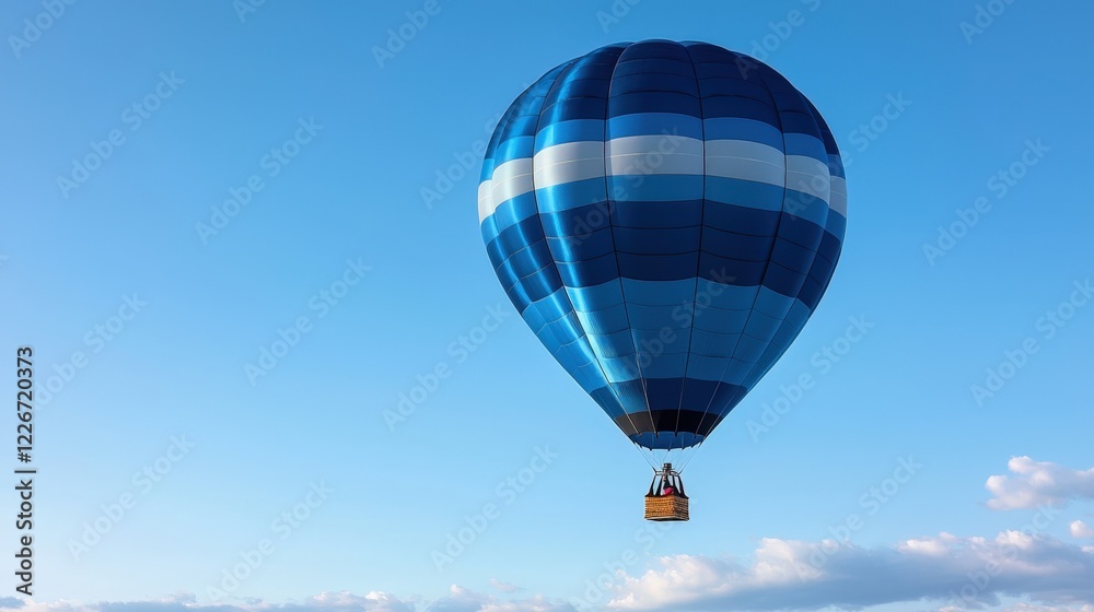 Obraz premium Trust confidence and transparency, A vibrant blue hot air balloon floats gracefully against a clear sky, showcasing its colorful stripes and inviting adventure.