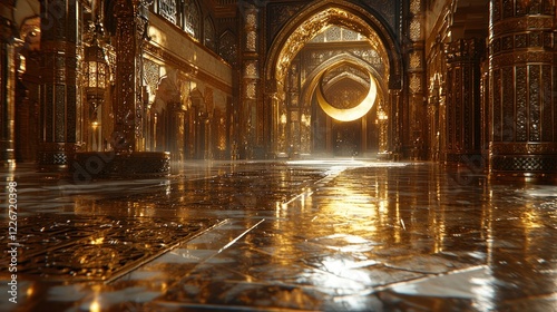 Golden palace interior with crescent moon, ornate floor, arches, and misty atmosphere photo