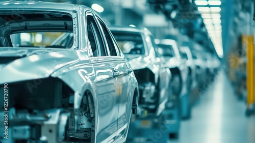 A row of unfinished cars on an assembly line in a modern factory, showcasing the manufacturing process and streamlined production.