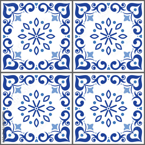 Portuguese and Spanish inspired Azulejo tile seamless vector pattern in navy blue - perfect for textile and fabric print
