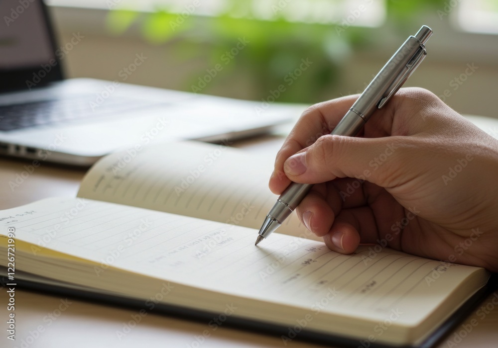 Hand writes in a notebook with a silver pen. Calm, focused work or study scene Hand writes in a notebook with a silver pen. Calm, focused work or study scene