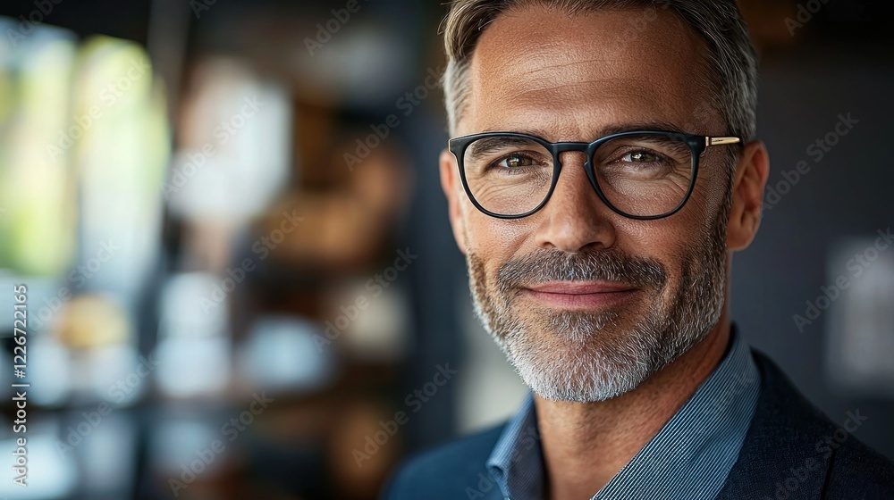 Confident Man with Glasses in Modern Office Setting Smiling Warmly Confident Man with Glasses in Modern Office Setting Smiling Warmly