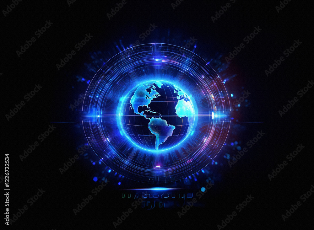 Obraz premium Glowing blue Earth encircled by a futuristic, technological HUD. The image evokes a sense of global connection and digital innovation.