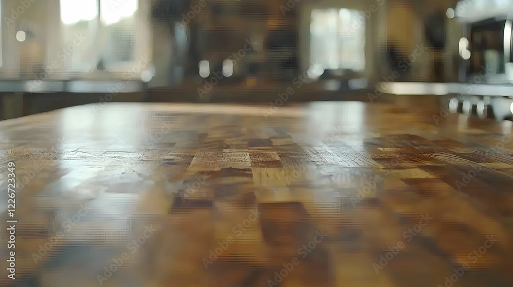 Polished butcher block countertop, kitchen background, home interior, sunlight reflection, food preparation Polished butcher block countertop, kitchen background, home interior, sunlight reflection, food preparation
