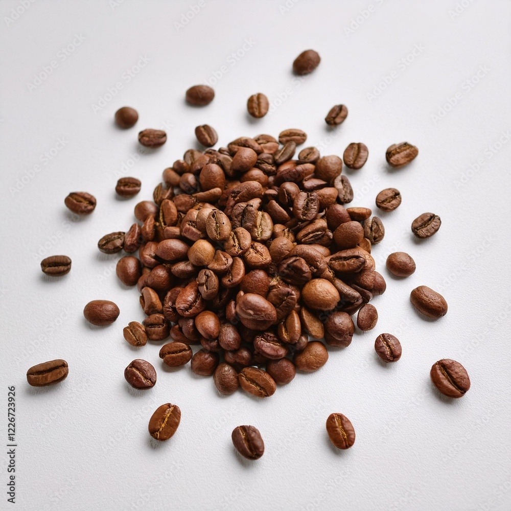 Naklejka premium Elegant Coffee Beans Arrangement – Scattered Roasted Beans on White Background, Minimalist Design for Coffee Lovers