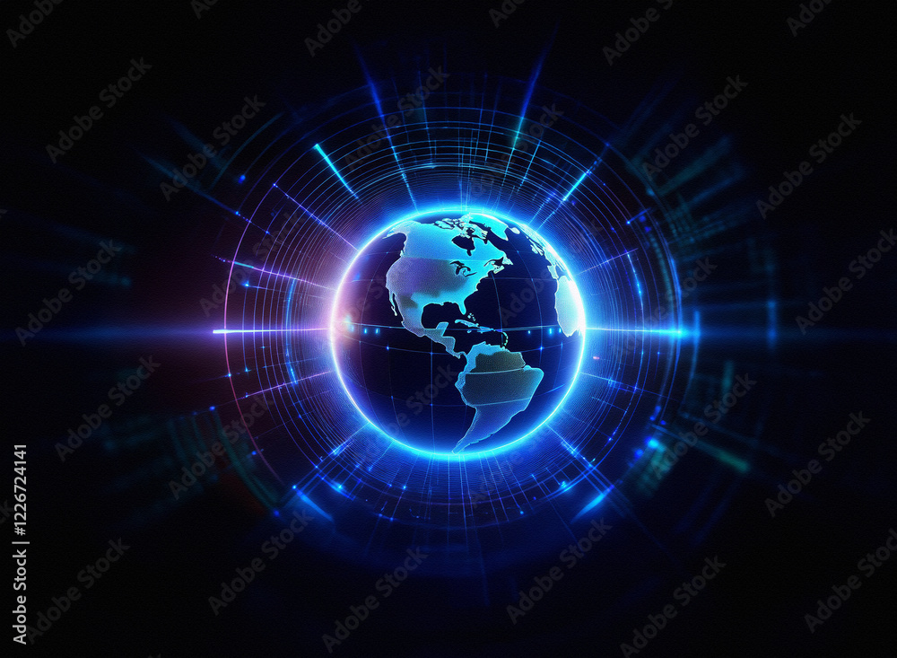 Obraz premium A glowing blue orb representing Earth is encircled by a futuristic, technological interface, suggesting global connectivity and digital innovation. Lines of light radiate outwards, creating a dynamic