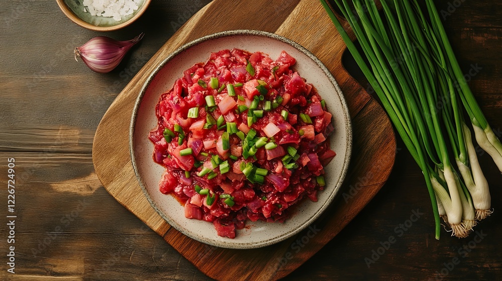 A plate of vegetables for borscht and green onions on a wooden kitchen board A plate of vegetables for borscht and green onions on a wooden kitchen board