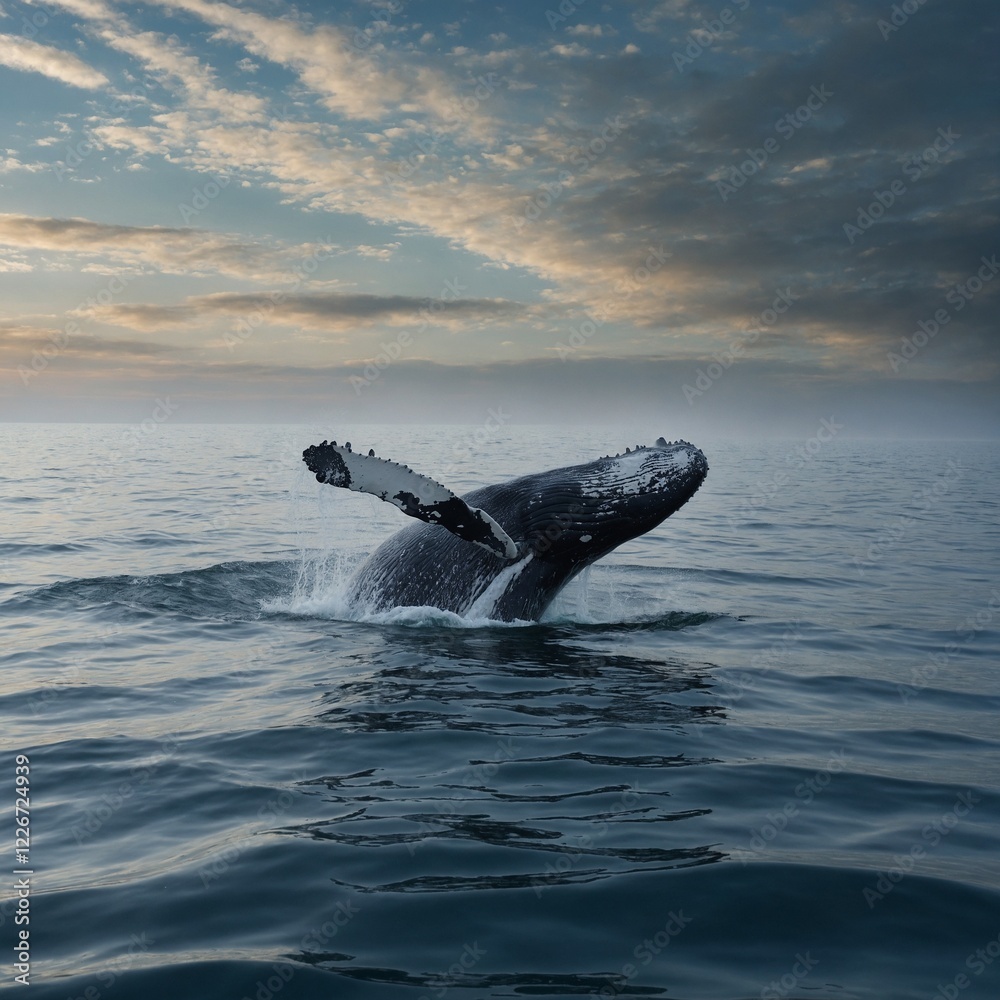 Fototapeta premium A whale blending into the horizon, merging with sky and sea.
