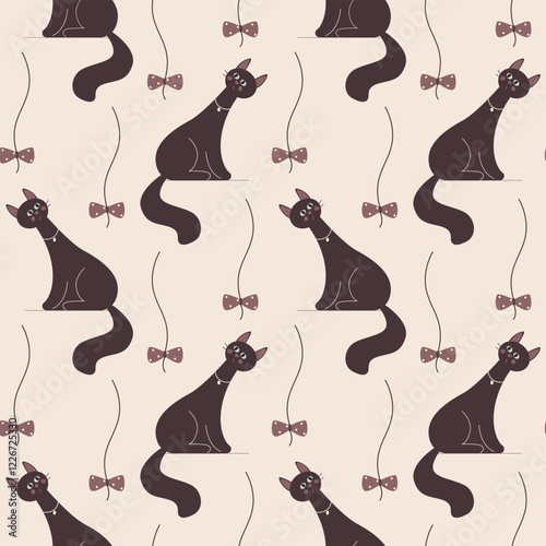 Vector seamless pattern with funny cats and bows on the string. Cute cartoon pets wallpaper. Repeat texture with domestic animals for textile or wrapping paper.