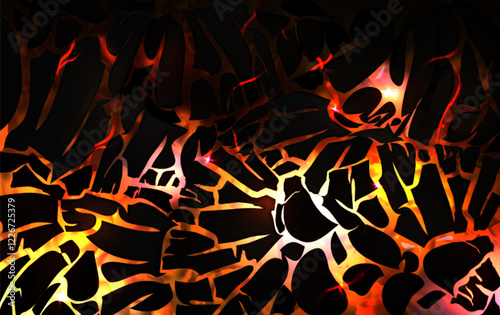 Lava cracks pattern - glowing red yellow fissures through dark surface, abstract volcanic texture with molten light effects, burning fractures background. Game fantasy orange fire texture design.