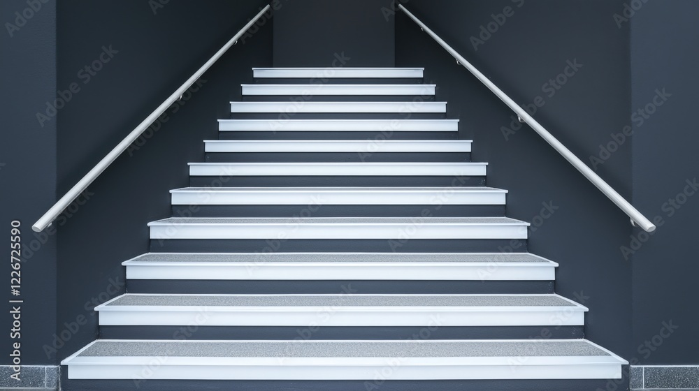 Fototapeta premium Trust confidence and transparency, A modern staircase with white steps and a dark wall, creating a sleek, minimalist aesthetic.