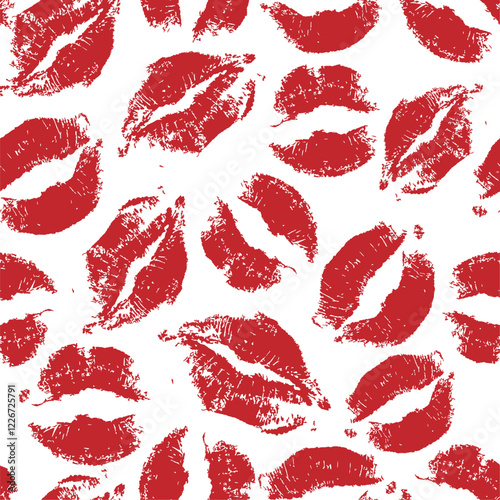 Red lipstick kiss marks Seamless pattern on white background. Print of lips kiss vector