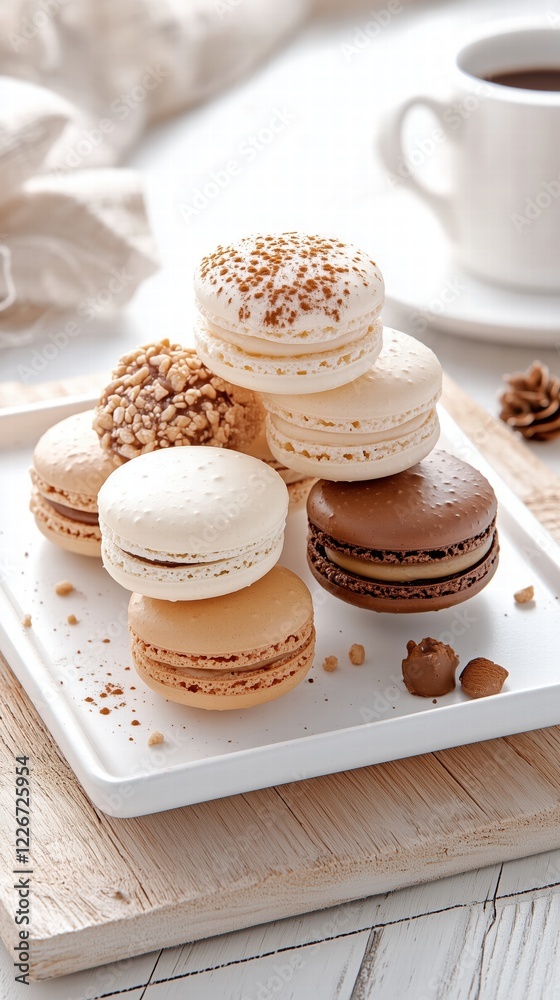 Delicious french macarons resting on white plate with coffee nearby Delicious french macarons resting on white plate with coffee nearby