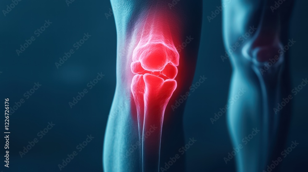 A glowing illustration of a knee joint, highlighting inflammation or injury in a sleek, digital style. A glowing illustration of a knee joint, highlighting inflammation or injury in a sleek, digital style.