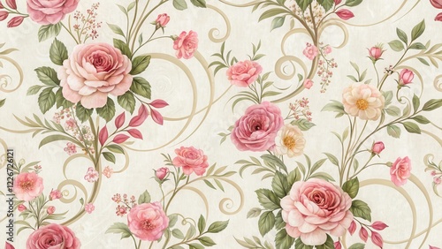 Elegant Pink Rose Floral Pattern on a Light Beige Background