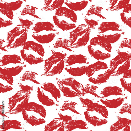 Red lipstick kiss marks Seamless pattern on white background. Print of lips kiss vector