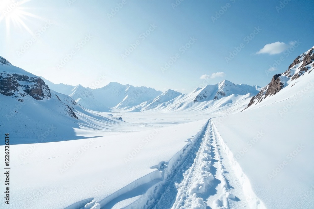 Fototapeta premium Stark white expanse, deep snow covering barren terrain, arctic, monochrome, cold