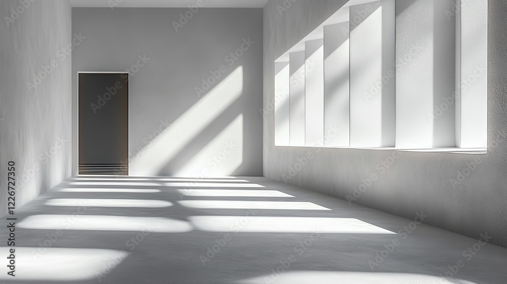 Fototapeta premium Abstract minimal empty gray white 3D room background. Modern studio showcase with copy space, natural window shadows.