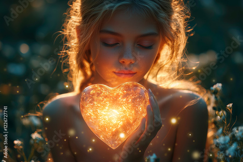 Dreamy Portrait of a Girl Holding a Glowing Heart