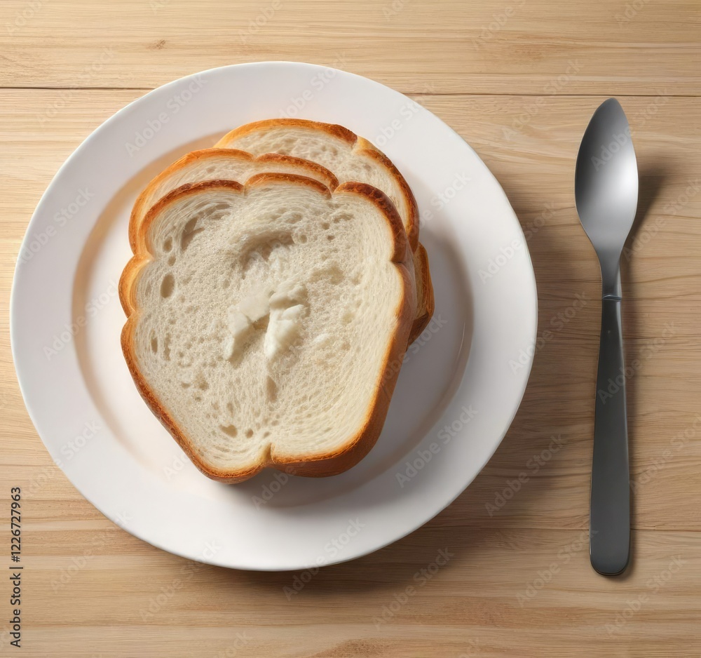 High angle view of white bread slices on a white plate, natural wood table, perspective, organic High angle view of white bread slices on a white plate, natural wood table, perspective, organic