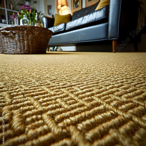 Close-up of a beige patterned rug in a living room with a couch and flowers photo