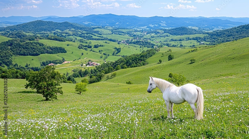 Naklejka premium White horse grazing in a green valley, mountain background, idyllic summer scene, perfect for travel brochures