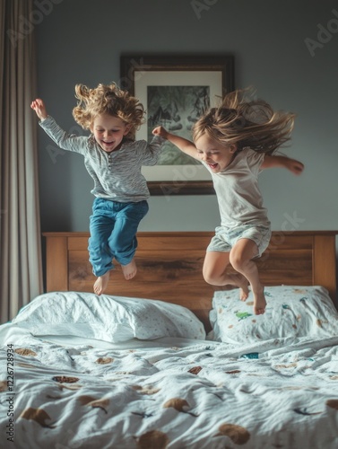 Joyful Siblings' Jump on Bed
