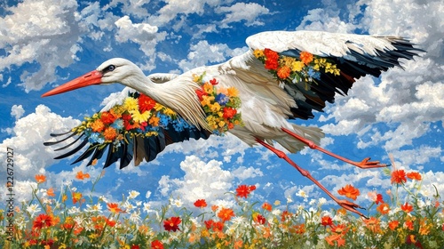 Colorful stork flies over a vibrant flower field beneath a bright blue sky