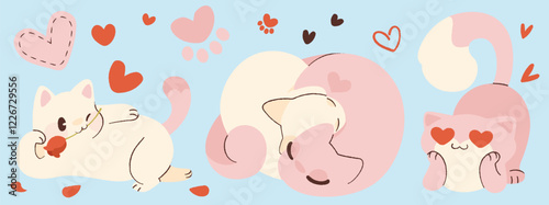 Cute cats in love on light blue background. Vector cartoon illustration of kawaii style pets looking with heart eyes, hugging, flirting with flower in mouth, seamless Saint Valentines Day pattern