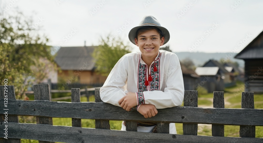 Fototapeta premium Young caucasian boy in traditional embroidered shirt outdoors in rural village setting