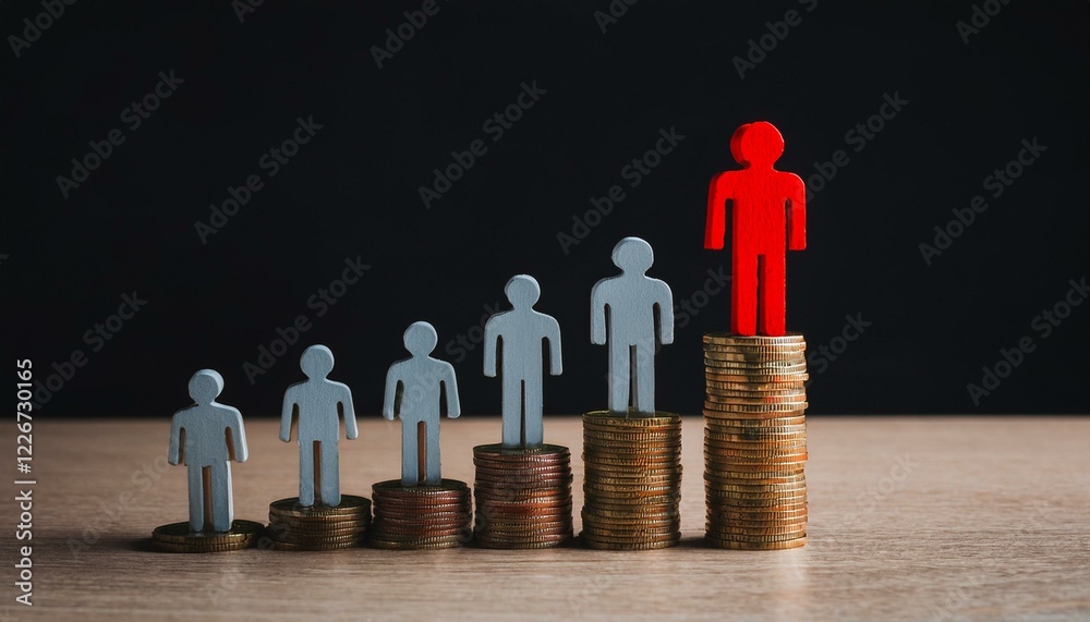 Red leader standing tall on a stack of coins, symbolizing success and growth above others Red leader standing tall on a stack of coins, symbolizing success and growth above others