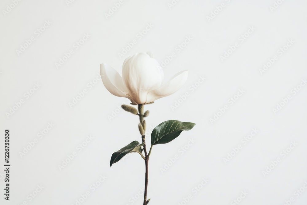Fototapeta premium Single white magnolia blossom, stem, leaves, neutral background; floral design, website