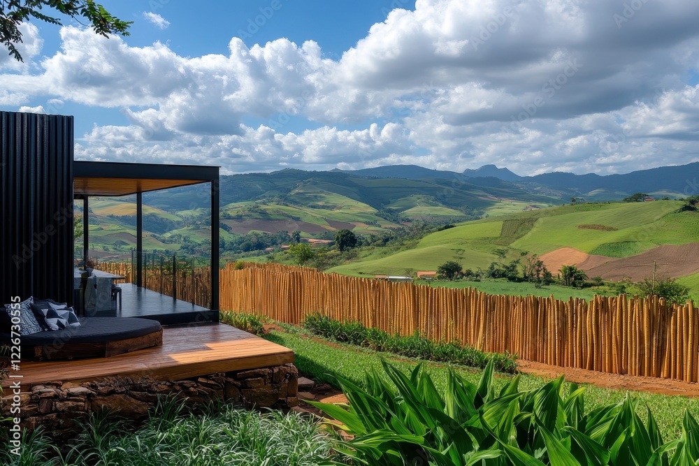 Fototapeta premium Serene Minimalist House Nestled in Rural Landscape Surrounded by Lush Sugarcane Fields and Enclosed by a Rustic Wooden Fence