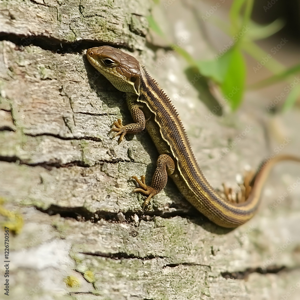 Brown lizard basking on tree bark, green foliage blurred background, wildlife photography Brown lizard basking on tree bark, green foliage blurred background, wildlife photography