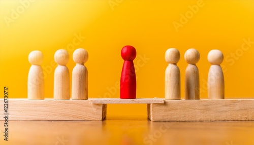 Red leader figure bridging the gap between two groups of wooden figures against a yellow background 