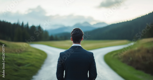 Businessman facing a crucial decision at a forked road