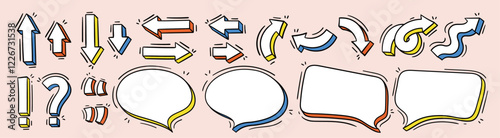 Arrow and speech bubble hand drawn style doodle vector illustration set