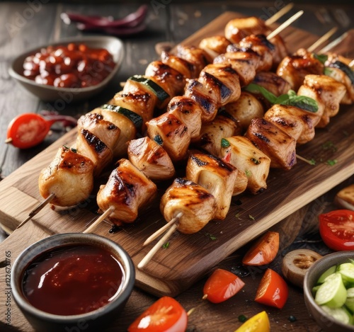 Juicy grilled chicken skewers with a side of tangy BBQ sauce , sauce, food photo