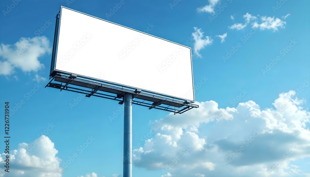 Clear blue sky backdrop featuring a blank billboard, suitable for mockup advertising designs Clear blue sky backdrop featuring a blank billboard, suitable for mockup advertising designs
