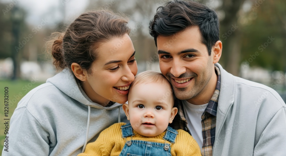 Happy family of three enjoying a day outdoors in a park setting Happy family of three enjoying a day outdoors in a park setting
