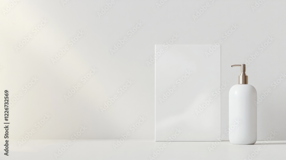 Minimalist design showcases elegant bottle and blank sheet on cl Minimalist design showcases elegant bottle and blank sheet on cl