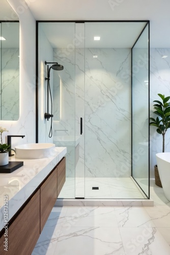 Large format glass enclosure in a modern bathroom with white marble countertops, bathroom, enclosure, modern