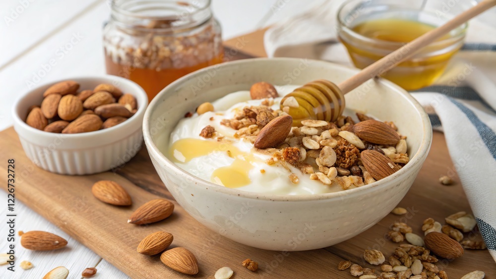 Delicious bowl of fresh yogurt topped with raw honey and crunchy almonds served with granola on a wooden board Delicious bowl of fresh yogurt topped with raw honey and crunchy almonds served with granola on a wooden board
