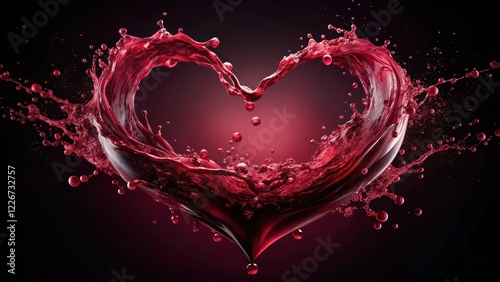 Abstract red wine splashes on a dark background with scattered wine droplets creating a mesmerizing heart shape