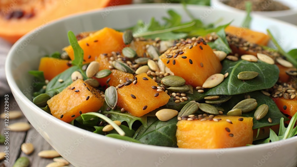 Close up of a bowl featuring mixed seeds with sunflower seeds, pumpkin seeds, and greens prepared for a healthy meal Close up of a bowl featuring mixed seeds with sunflower seeds, pumpkin seeds, and greens prepared for a healthy meal